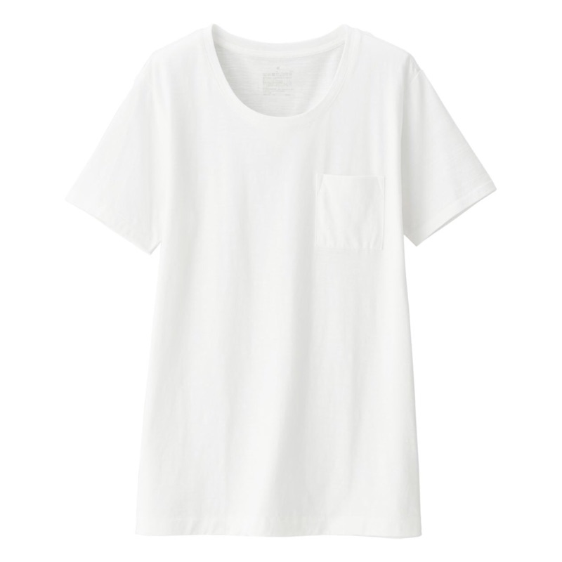 無印良品-女有機純棉節紗天竺圓領口袋短袖T恤 白色L