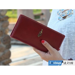 **I-Stage流行館** 復古簡約油麵小鳥金屬飾扣(長夾款) 女用皮夾 長版皮夾 長夾 手拿包 信用卡夾