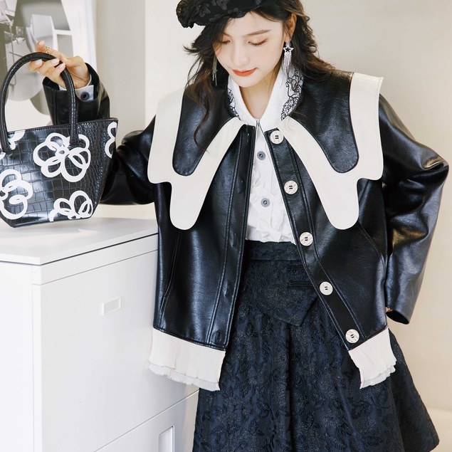 IRIS BOUTIQUE泰國原創設計 IJ021 Melt dark jacket黑色拼接長袖pu皮女士外套