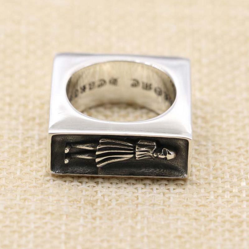 s925純銀骷髏少女方形光面指環男女個性時尚十字花做舊克羅心戒指