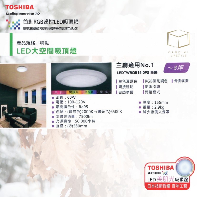 Toshiba 東芝｜ RGB 遙控 LED 吸頂燈〔 60W 〕 LEDTWRGB16-09S  【星幕】 8坪適用