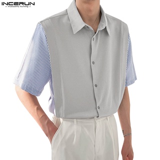 Incerun 男士夏季短袖拼布假兩件襯衫休閒襯衫