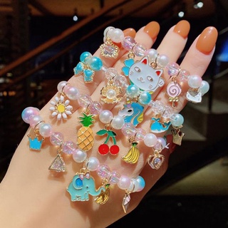 韓版甜美可愛珍珠卡通手鍊兒童飾品彩色漸變色小動物花朵水果串珠手環女童裝飾手飾品