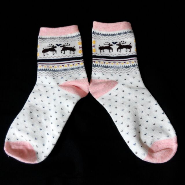 長筒襪 麋鹿 點點 冬天 白色粉色撞色 襪子 長襪 彈性襪