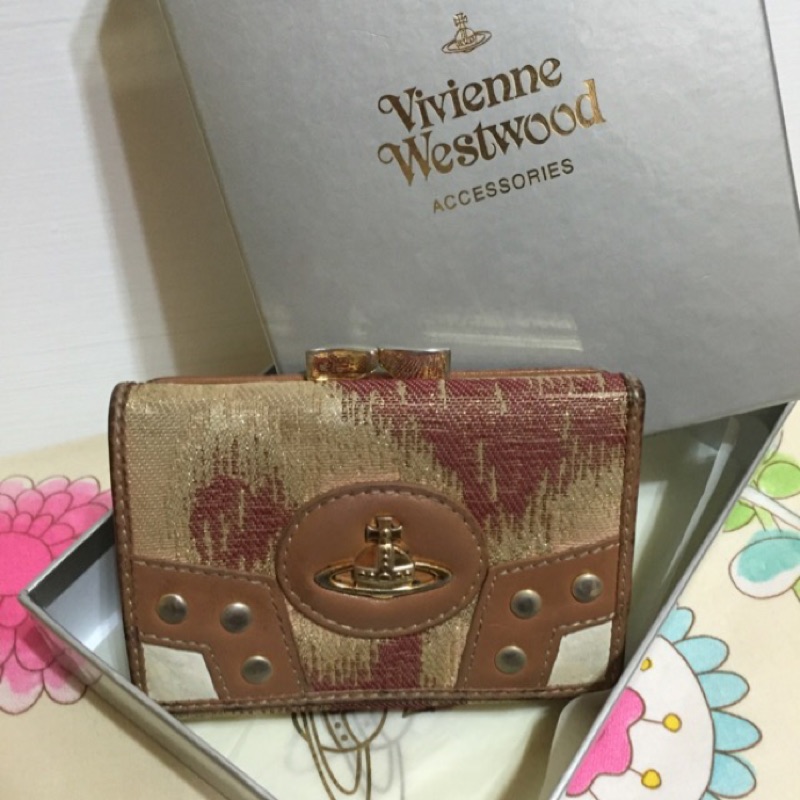 Vivienne Westwood 粉紅金線珠扣短夾