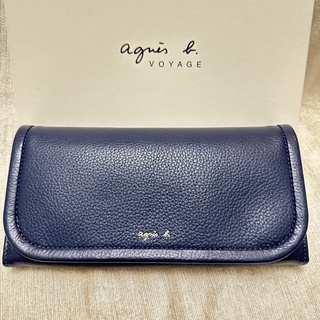 全新 agnes b 深藍色 藍色 輕防刮 真皮 長夾 信封 扣式 牛皮 女用 翻蓋 薄款 保證真品 正品 皮夾 荔枝紋