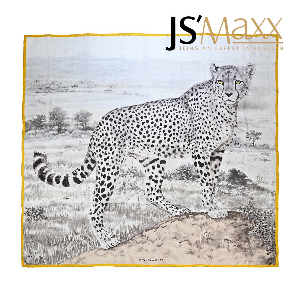 HERMES Acinonyx Jubatus 140CM 獵豹水洗真絲圍巾披肩(灰)｜JS Maxx官方旗艦館