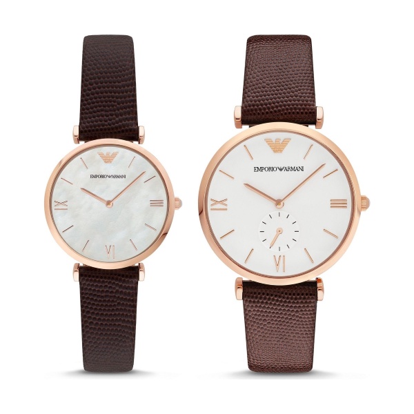 【Emporio Armani】美式經典簡約時尚情侶腕錶套組對錶-玫金棕/AR9042/台灣總代理公司貨享兩年保固