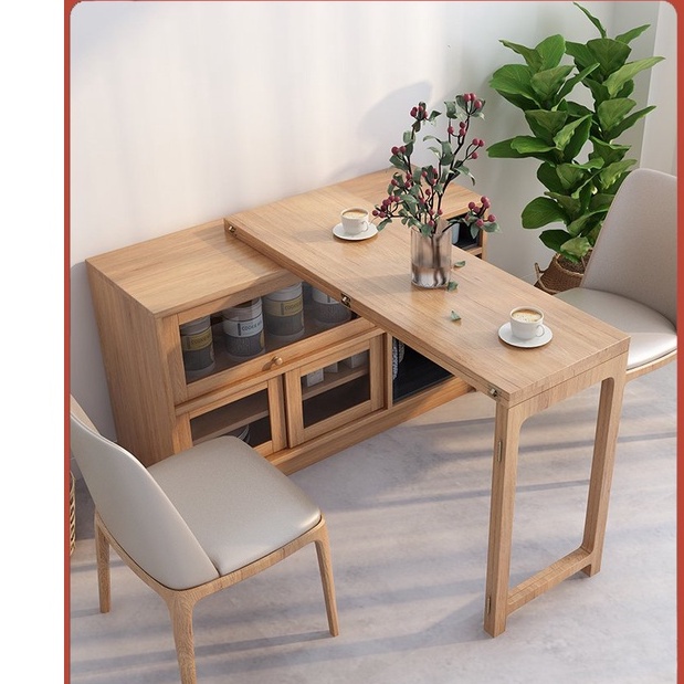 【皇尚】日式 實木 可折疊 餐桌 餐邊櫃 一體 家用 小戶型 多功能 伸縮 島台 吧檯櫃 中島桌
