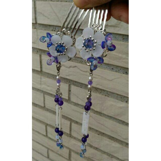 孤品 紫陽花 搭配耳墜 藍紫色典雅古風漢服髮飾髮梳 蝦皮購物