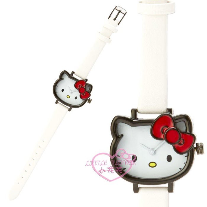 ♥小花花日本精品♥HelloKitty 凱蒂貓45週年大臉造型皮革錶帶腕錶手錶白底黑邊 22024800