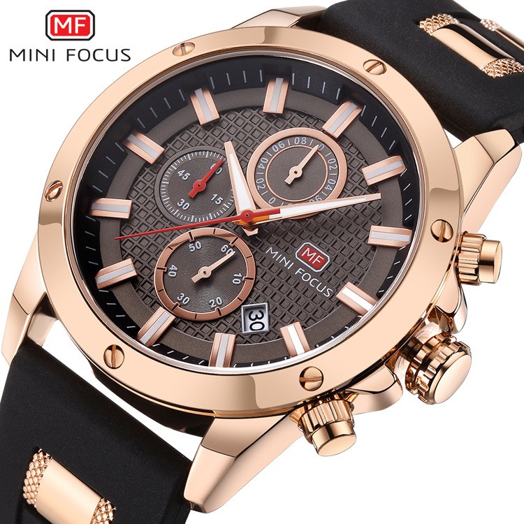 MINIFOCUS/福克斯 時尚商務 真三眼計時碼表 男錶 大錶盤多功能手錶 運動石英手錶 橡膠 防水