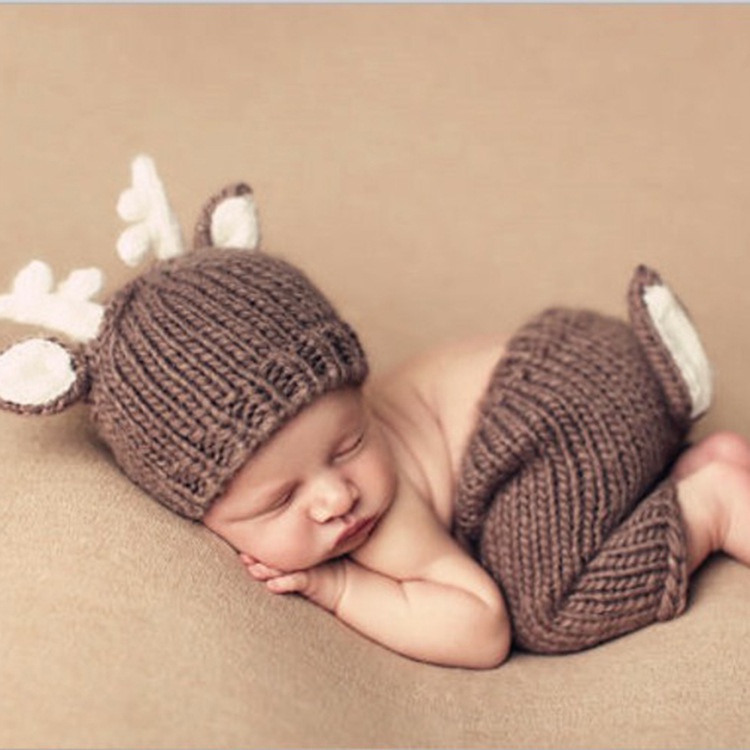 兒童攝影服裝奶棉毛線手工針織小鹿套裝 新生兒照相服飾 嬰兒百天攝影道具 新生兒拍照道具攝影套裝 寫真道具 嬰兒造型服