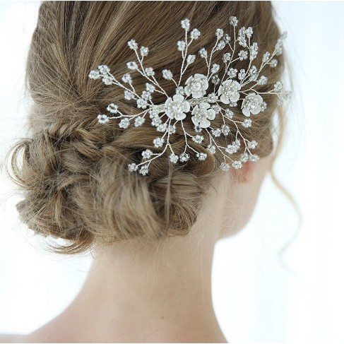 羅絲 新娘飾品 ugcm j6134 純手工新娘頭飾森林系氣質髮夾 米珠花片銀色