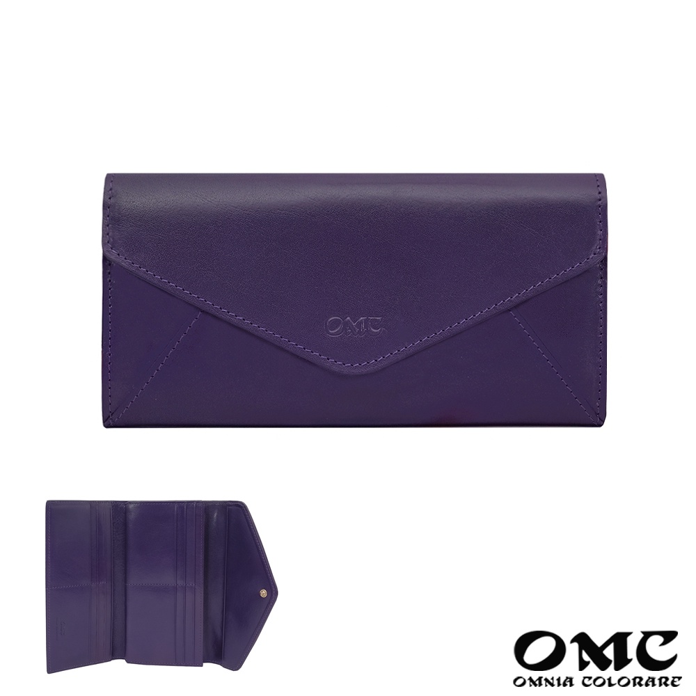 【OMC】義大利植鞣革信封式三折牛皮長夾95115(紫色)