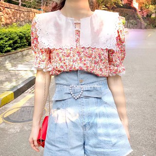 扉娜VINASHOP 甜美蕾絲娃娃領碎花雪紡短袖襯衫上衣