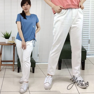 衣綺彈力棉褲白色長褲織帶造型中大尺碼休閒褲K3011