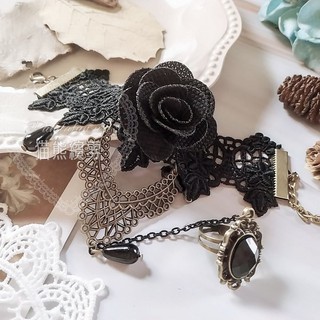現貨在臺 失樂園 薔薇 手鏈 腕帶戒指花片蕾絲復古寶石 水滴 Gothic Lolita 歌德 宮廷誇張萬聖惡魔派對
