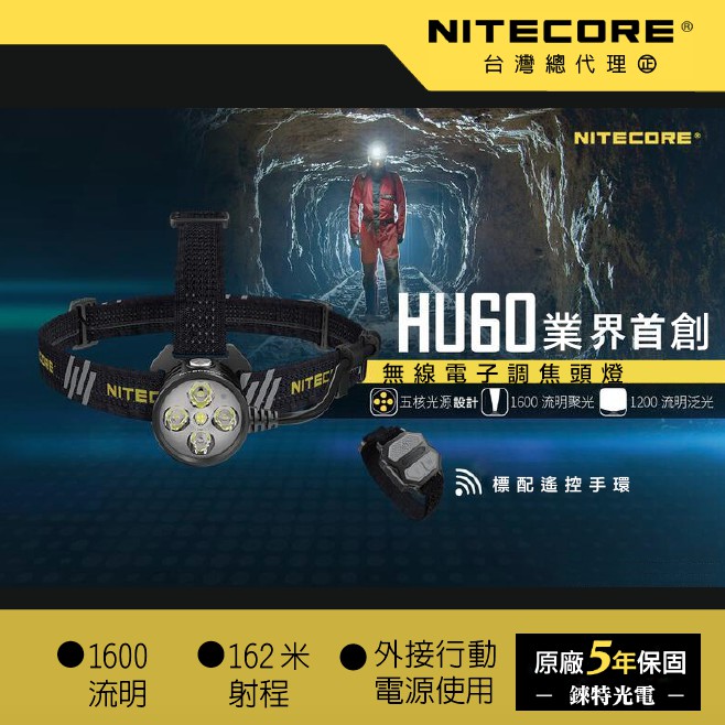 【錸特光電】NITECORE HU60 電子調焦頭燈 1600流明 變焦 無線遙控 外接 NPB1 F4 NB10000