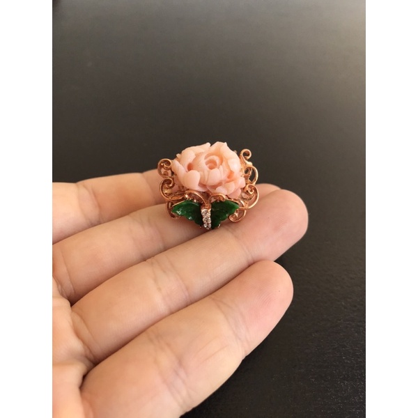 早期收藏粉珊瑚牡丹玉蝴蝶銀鍍玫瑰金鑲嵌戒指