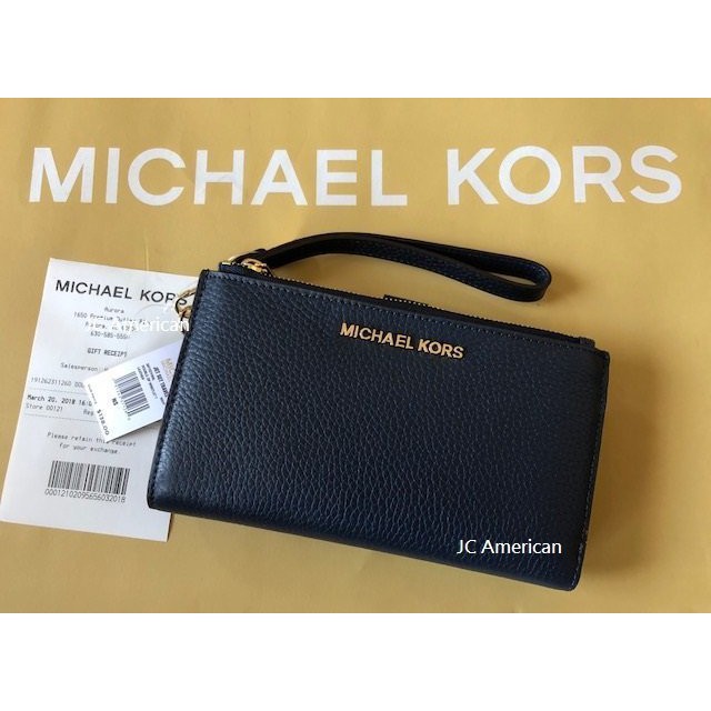 Michael Kors MK 金色logo 深藍色 荔枝紋皮革 中長夾/手拿包/手機包 ~現貨在台