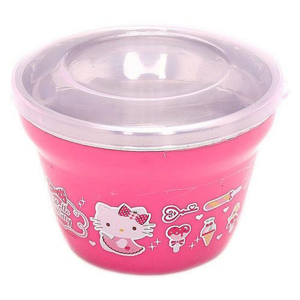 花見雜貨~韓國製全新正版kitty凱蒂貓不鏽鋼附蓋小碗杯子有蓋子方便攜帶自備環保餐具