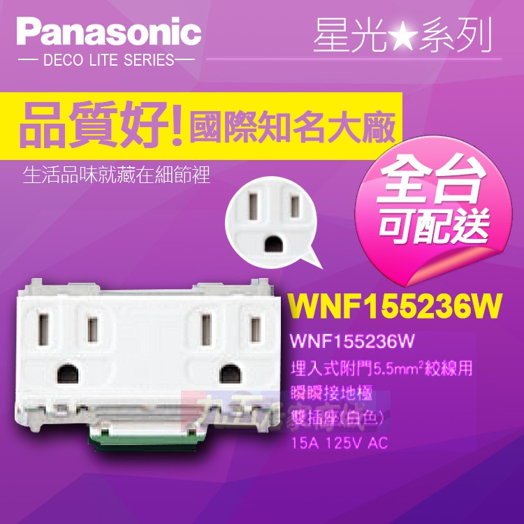 Panasonic國際牌 WNF155236W 埋入式附門接地雙插座 星光系列『九五居家』雙插座附接地 5.5絞線用