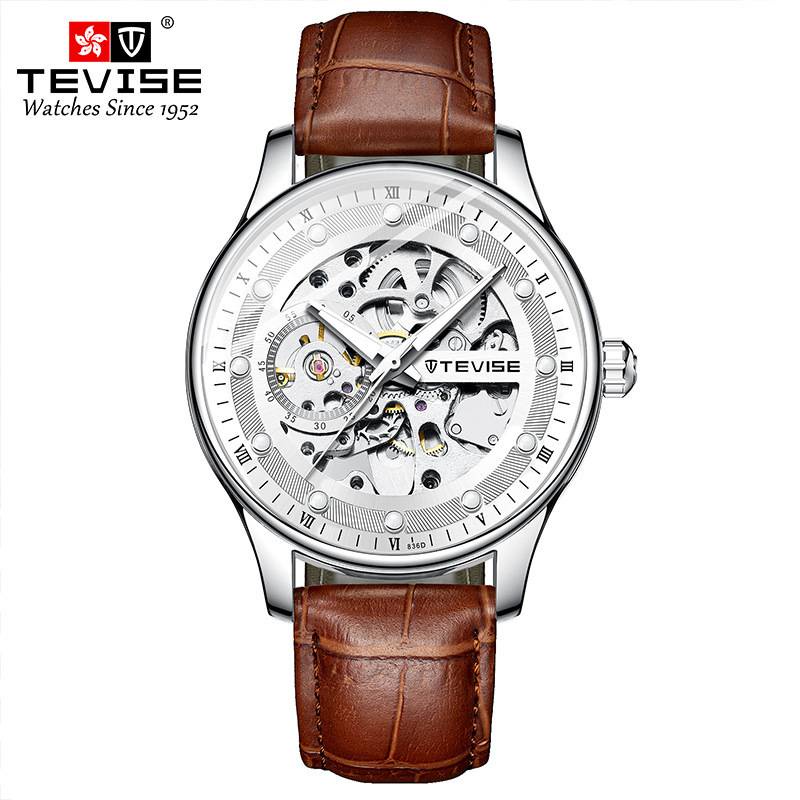 【潮裡潮氣】TEVISE特威斯商務直播表夜光鏤空皮帶手錶時尚男士機械手錶T836D
