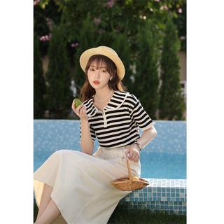 小清新甜美條紋衫橫條黑白條娃娃領法式t恤女夏季設計感短袖上衣