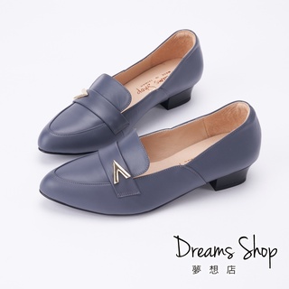 DREAMS SHOP MIT真皮減壓金屬V釦尖頭低跟樂福鞋3cm 深藍【XJ1015-7】大尺碼女鞋37-45