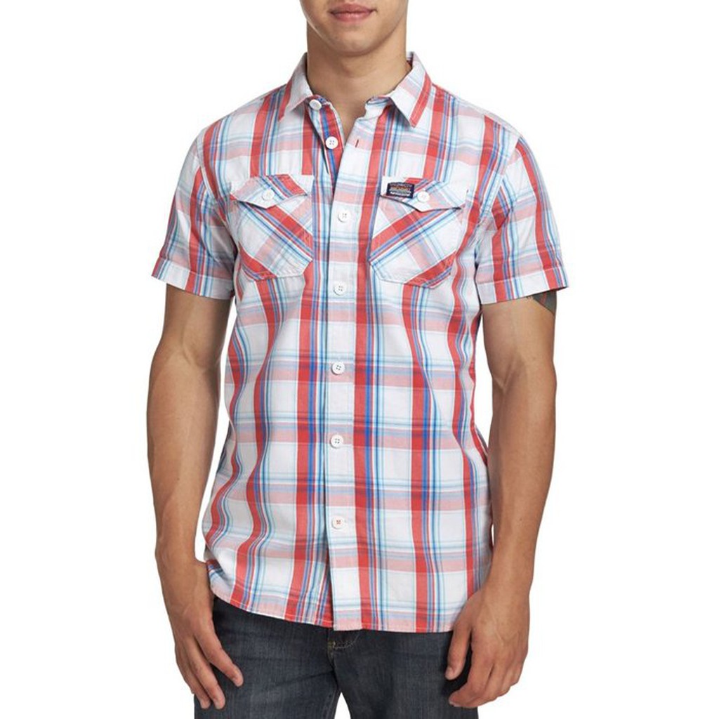 美國百分百【全新真品】Superdry 襯衫 短袖 上衣 復古 格紋 雙口袋 極度乾燥 男衣 紅色 白色 S號 G855