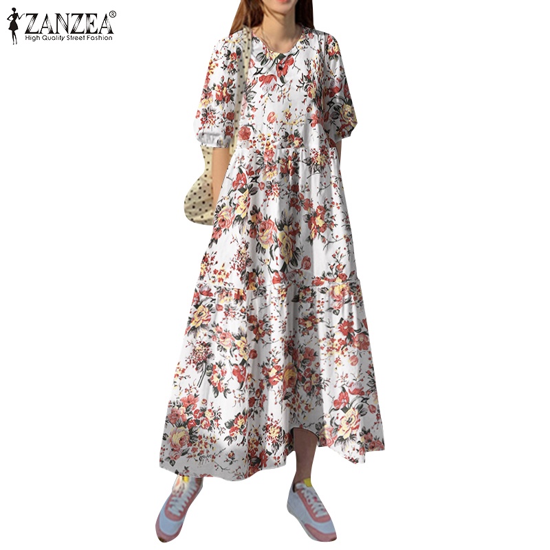 Zanzea 女裝半袖側袋時尚印花分層長裙