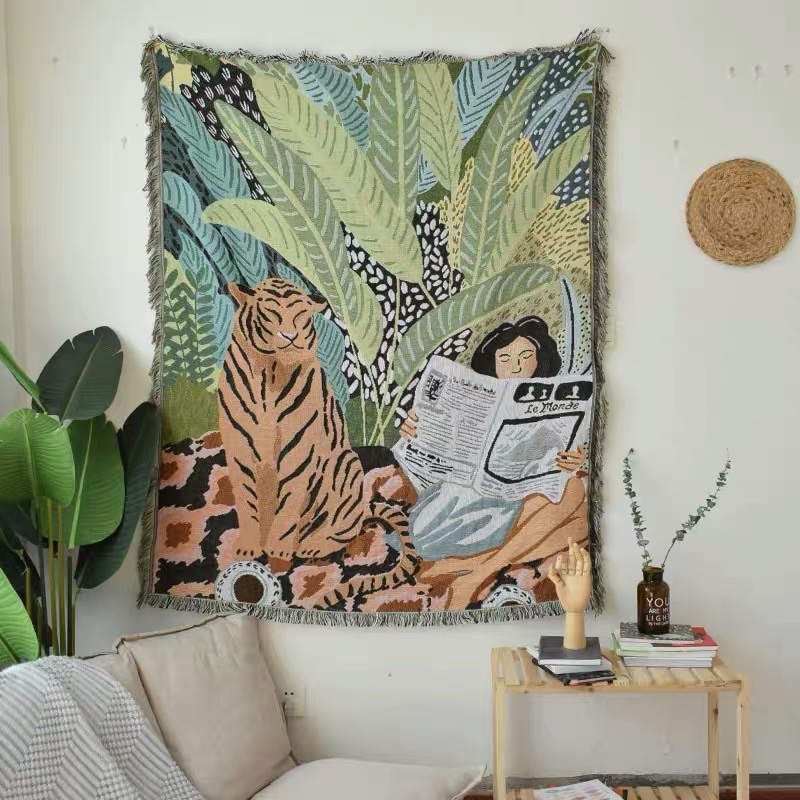 Arvo Home 大尺寸動物毯 復古非洲大象Tiger King流蘇露營地毯沙發蓋毯 異國風野餐毯海灘巾 老虎蓋毯