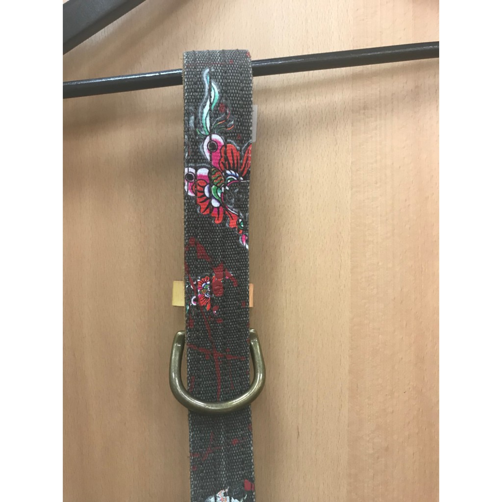 Ed hardy 全新正品 仿舊 雙孔 帆布皮革 拼接 黑 蝴蝶 圖騰 Logo 皮帶 腰帶 誠意購買可議價