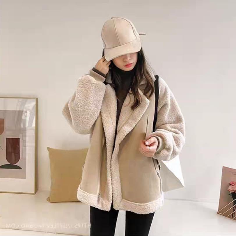 韓風袖羊羔毛夾麂皮外套