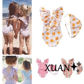 Xuan♥兒童泳衣+泳帽女寶寶條紋飛邊游泳衣女童連體ins韓國嬰兒女孩可愛泳裝