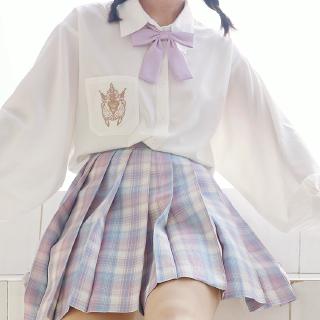 玻璃糖 紫白格裙刺繡襯衫jk制服襯衣學生制服可愛日系軟妹兩件套組jk制服約會白色甜美 蝦皮購物