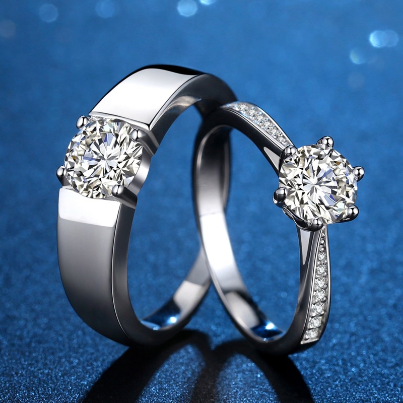 [附有GRA證書]S925銀莫桑石情侶戒指時尚一克拉莫桑鑽石男女對戒