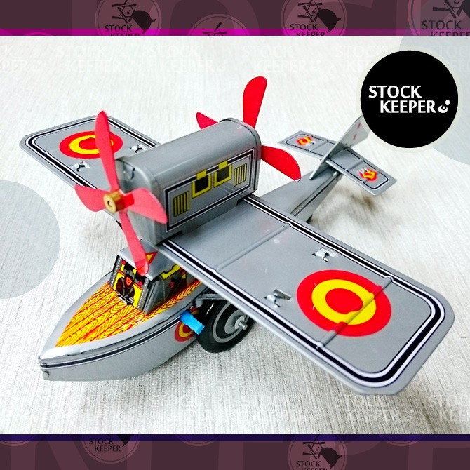 ◀倉庫掌門人▶雙螺旋槳 戰機 銀灰 飛機 鐵皮發條玩具