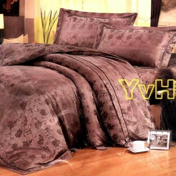 =YvH= 咖啡色緹花 雙面 100%木漿纖維 雙人床包枕套 雙人被套 無鋪棉