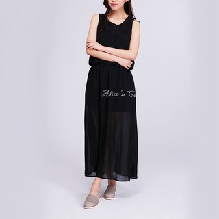 【現貨商品】黑色蕾絲設計無袖長洋裝
