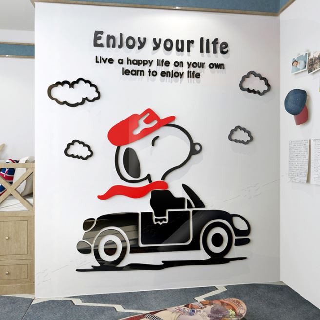 [P465]可愛汽車史努比3D立體壓克力幼兒園兒童房客廳背景裝飾牆貼壁貼