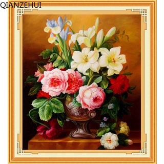 DIY棉線11CT印花油畫花瓶百合牡丹現代簡約十字繡套裝刺繡刺繡