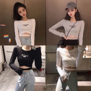 短版上衣 長袖上衣女 短版長袖 顯瘦 辣妹 短版T恤 ins 辣妹 印花 長袖T恤女 修身 交叉 鏤空上衣 緊身 T恤