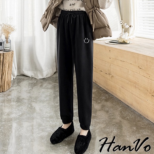 【HanVo】會微笑的毛呢鋪棉束口褲 高挑顯瘦鬆鋪棉長褲 休閒時尚百搭 韓國韓系女裝 女生衣著 2594