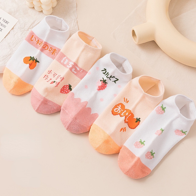 可愛卡通草莓柿子襪子 水果圖案女襪 春夏季薄款船襪