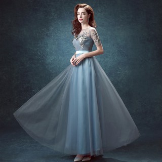 女神風範藍色新娘結婚敬酒服晚宴年會中長袖伴娘婚紗禮服 X0517