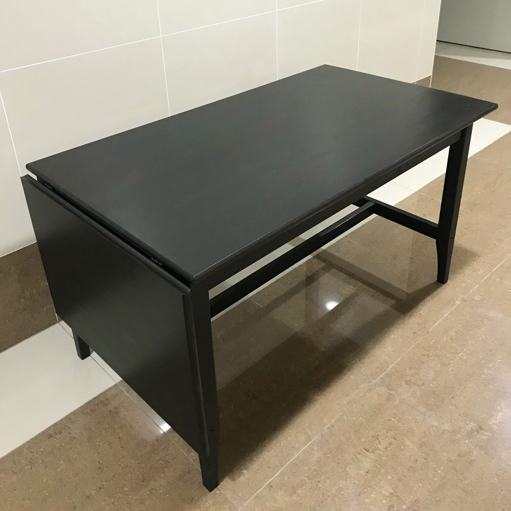絕版品/北歐IKEA風格宜家LEKSVIK折疊桌延伸桌實木餐桌工作桌/黑棕色/短137長190/二手八成新/特$5800