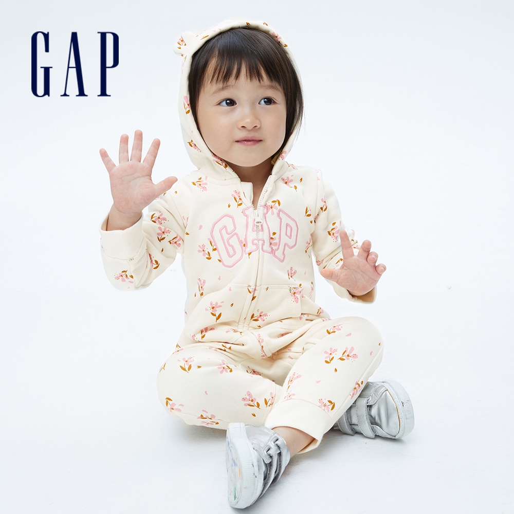 Gap 嬰兒裝 Logo熊耳連帽長袖包屁衣-象牙白(737280)