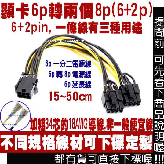 PCI-E 6pin 轉 二個 8pin(6+2pin) 顯示卡電源線 1分2 電源轉接線 6P 轉 2個 8p 一分二